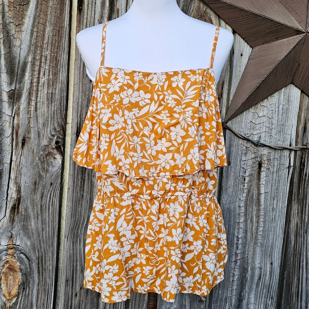 Yellow Floral Top Old Navy Size L Large Sleeveless Tank Ruffle Peplum Mustard